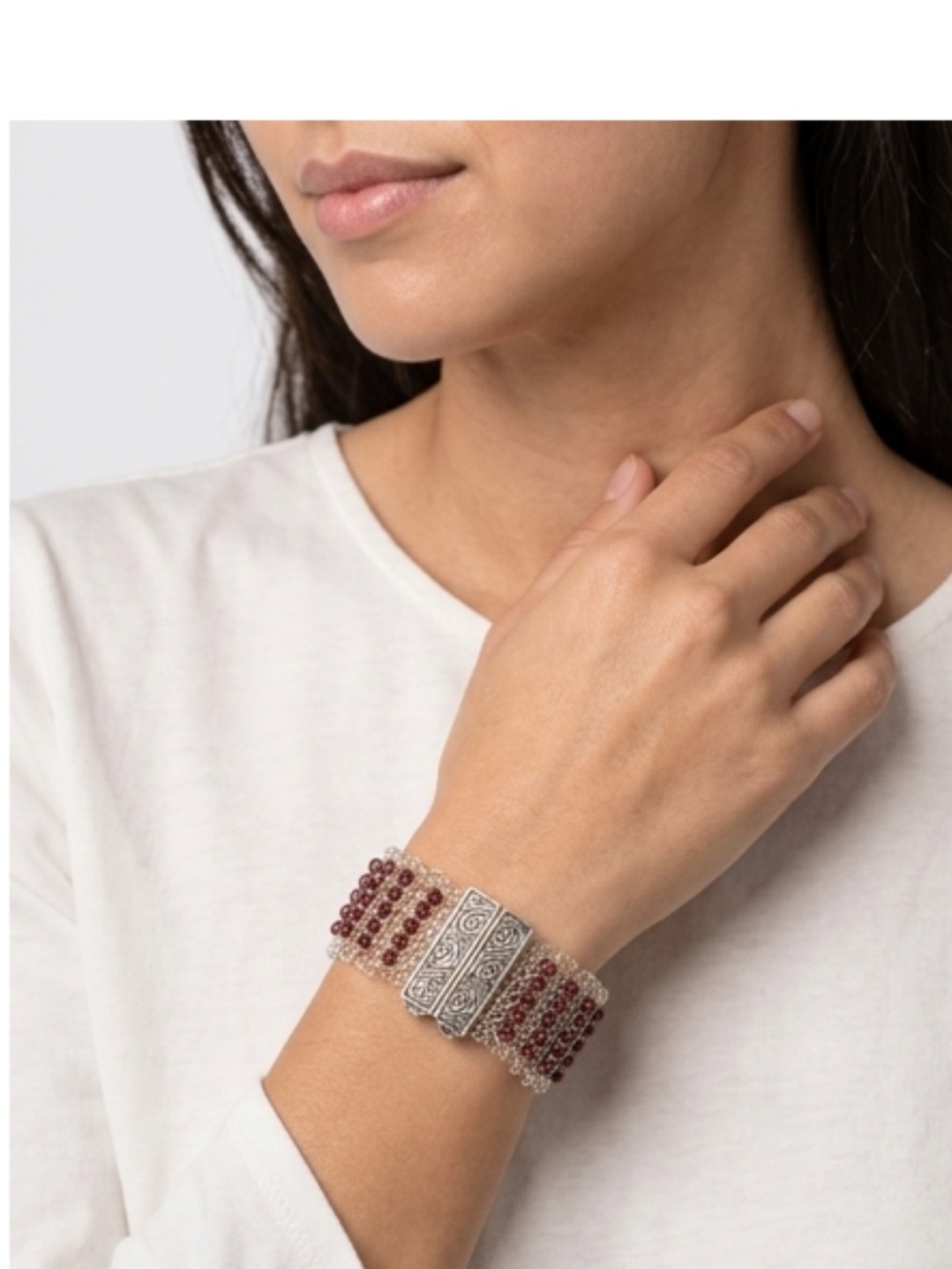 Sterling Silver and Red Garnets Crocheted Bracelet.